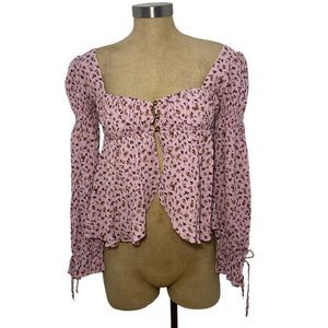 Urban Outfitters Allie Tie Sleeve Babydoll Floral Blouse Open Button Front